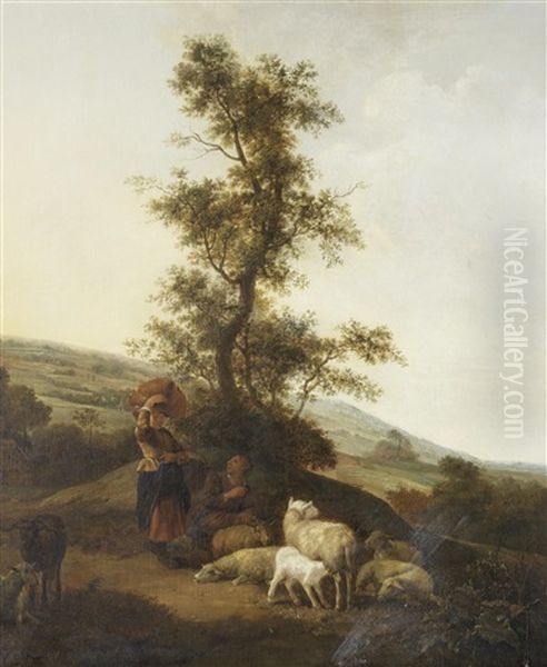 Shepherdesses Tending Their Flocks Oil Painting by Jan Baptist Wolfaerts