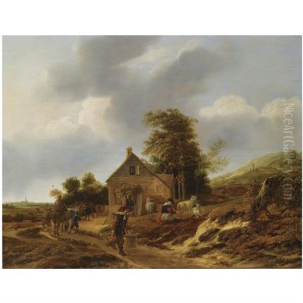 A Dune Landscape With A Peasant Woman Milking Sheep Outside A Farmhouse, A Water Carrier And A Shepherd With His Cattle On A Path, A View Of The Saint Bavo Church In Haarlem Beyond Oil Painting by Jan Baptist Wolfaerts