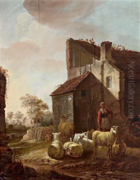 Eine Frau, Die Einen Krug In Der Hand Halt, Mit Schafen Vor Einem Bauernhaus Oil Painting by Jan Baptist Wolfaerts