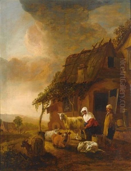 A Shepherdess Milking Sheep Near A Farmhouse Oil Painting by Jan Baptist Wolfaerts