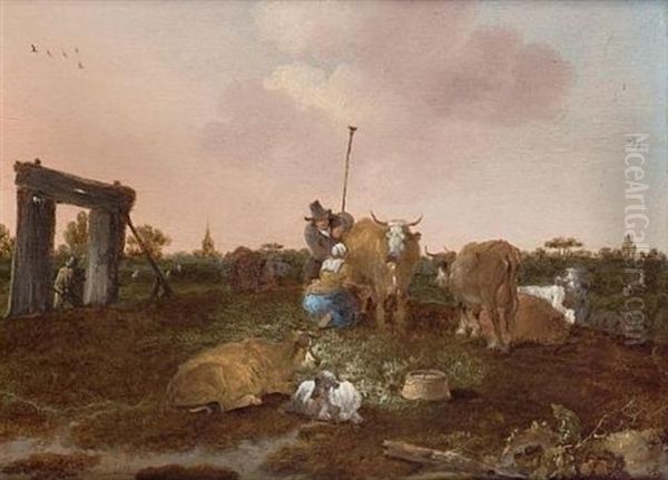 A Milkmaid, Herder And Cattle In A Field Oil Painting by Jan Baptist Wolfaerts