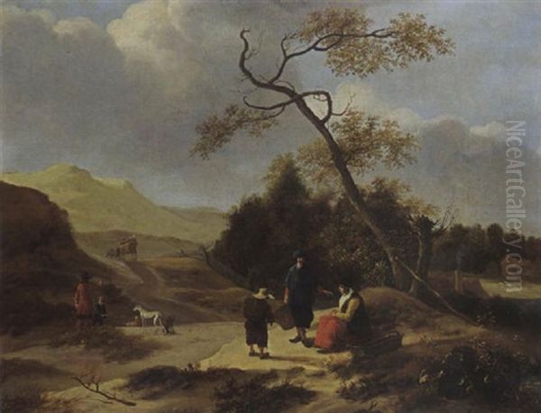 A Dune Landscape With Huntsmen With Their Dogs And A Peasant Family Along The Road, A Bleaching Ground Beyond Oil Painting by Jan Baptist Wolfaerts