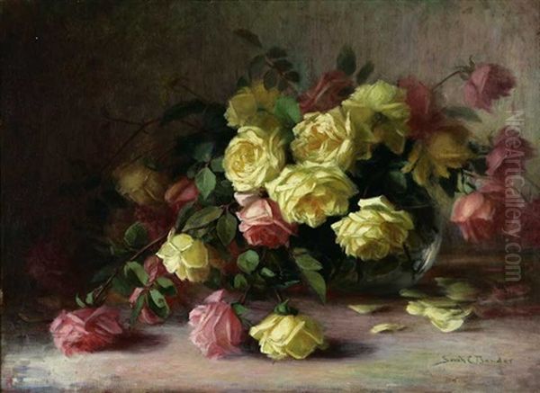 Pink And Yellow Roses In Glass Vase Oil Painting by Sarah Bender de Wolfe