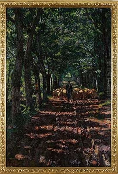 Allee Mit Schafer Und Herde Oil Painting by Eugen Wolff