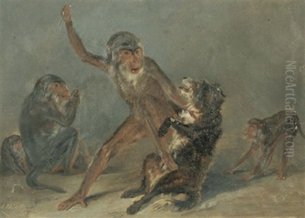 Affen Im Kampf Mit Einem Hund Oil Painting by Friedrich Anton (Hundewolf) Wolff