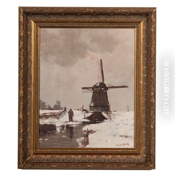 Winter Scene With Wind Mill Oil Painting by Gustav Wolff