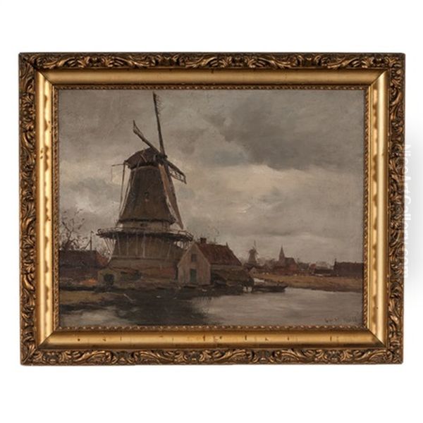 Windmill Scene Oil Painting by Gustav Wolff