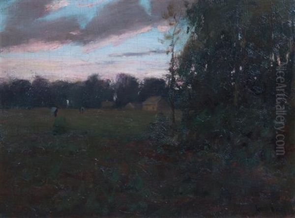 Figures In Landscape At Sunset Oil Painting by Gustav Wolff