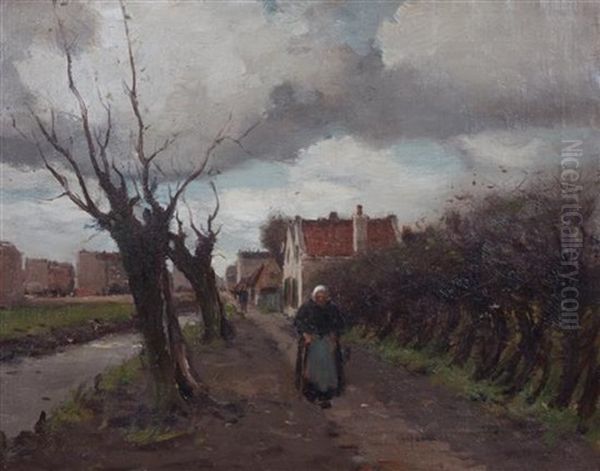 Woman Walking Along Tree-lined Road Oil Painting by Gustav Wolff