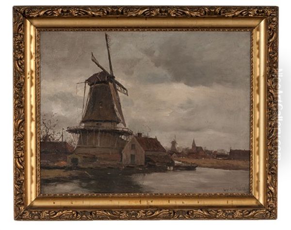 Windmill Scene Oil Painting by Gustav Wolff