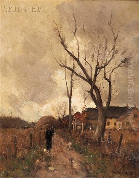 Autumn Village Scene With Figures On A Path Oil Painting by Gustav Wolff