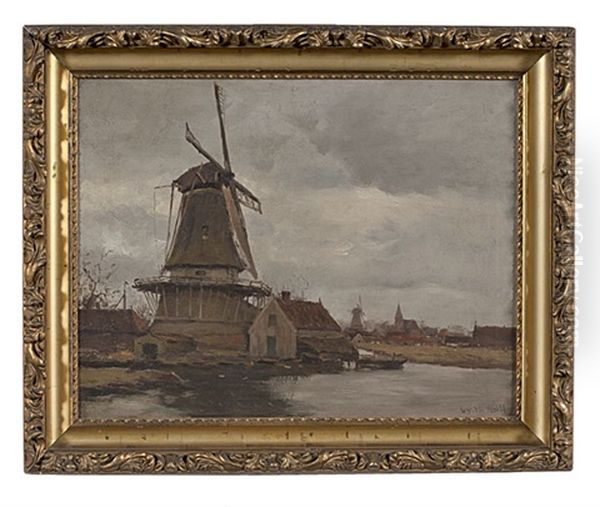 Windmill Scene Oil Painting by Gustav Wolff