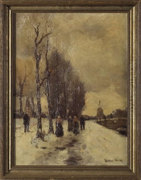 Snow Scene With Figures Walking Along A Canal Oil Painting by Gustav Wolff