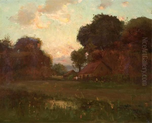 Landscape With Cottage And Foreground Stream Oil Painting by Gustav Wolff