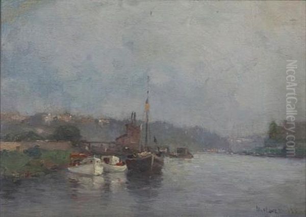 View Of Boats Along A River Oil Painting by Gustav Wolff