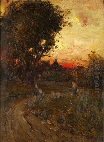 Blick Vom Waldrand Auf Gebaude Im Sonnenuntergangslicht Mit Figurenstaffage Oil Painting by Gustav Heinrich Wolff