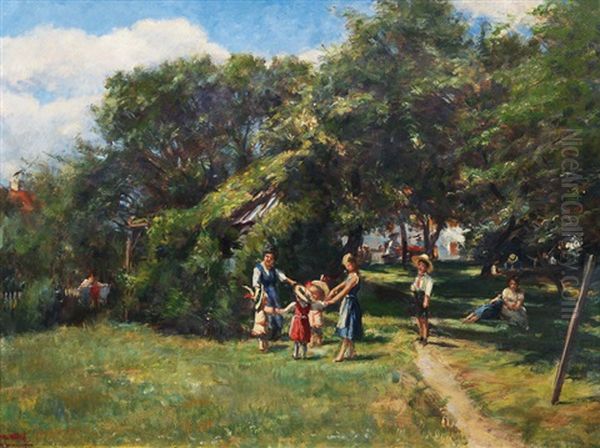 Dancing In The Garden (+ Mother With Child, Verso) Oil Painting by Otto Wolff