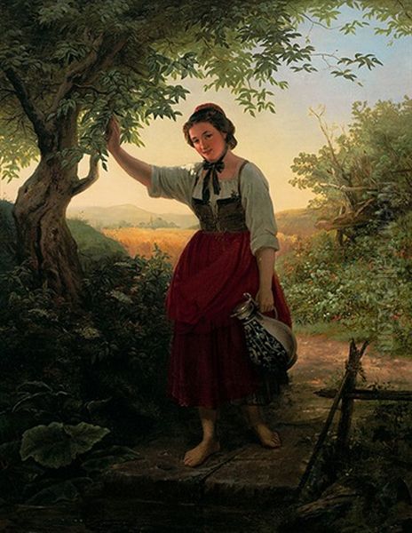 Madchen In Hessischer Tracht Mit Krug In Sommerlicher Erntelandschaft Oil Painting by Theodor Wolfhagen