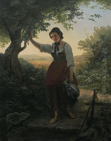 Madchen In Hessischer Tracht Mit Krug In Sommerlicher Erntelandschaft Oil Painting by Theodor Wolfhagen