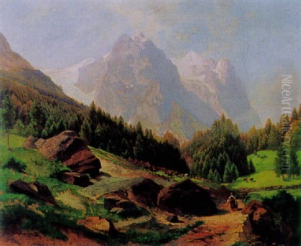 Blick Auf Wetterhorn Und Rosenlauigletscher Oil Painting by Max Wolfinger