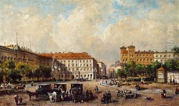 Summer Day In An European City With Horse Carriages And Street Life (vienna, Austria?) Oil Painting by Adelbert Wolfl