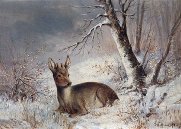 Rehbock In Winterlandschaft Oil Painting by Joseph Wolfram