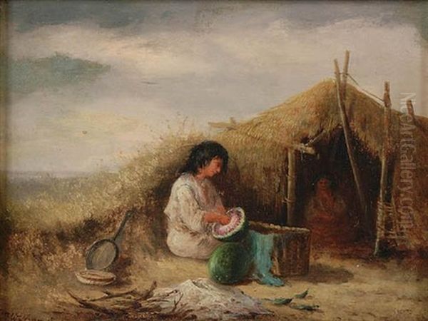 A Nomadic Woman Preparing A Melon Oil Painting by Joseph Wolfram