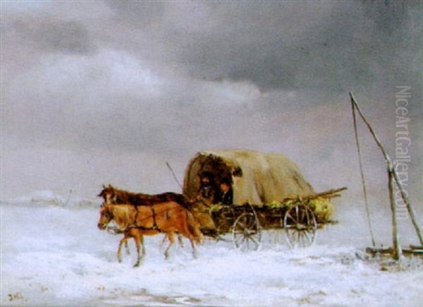 Winterliche Fluslandschaft Mit Planwagen Oil Painting by Joseph Wolfram