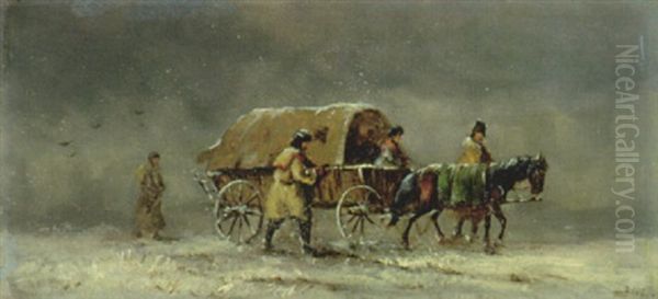 Winterlandschaft Mit Planwagen Oil Painting by Joseph Wolfram