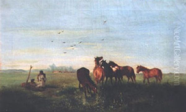 Magyars Tending Horses Oil Painting by Joseph Wolfram