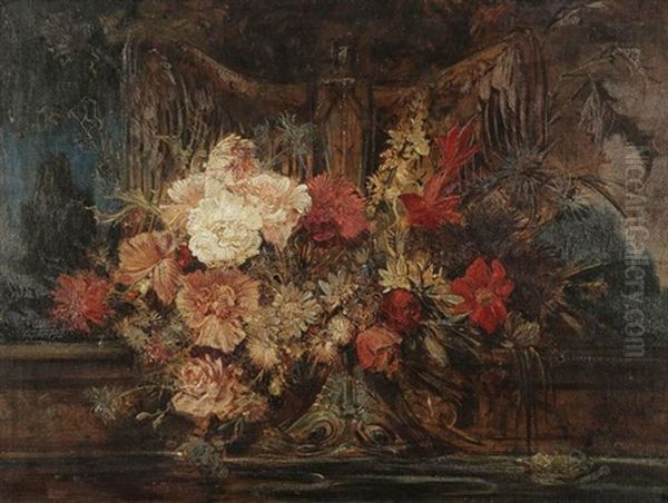 Blumenbouquet Vor Einem Brunnen Oil Painting by Friedrich Ernst Wolfrom