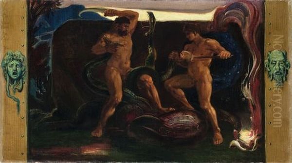 Herakles Und Iolalos Im Kampf Mit Der Hydra Oil Painting by Friedrich Ernst Wolfrom