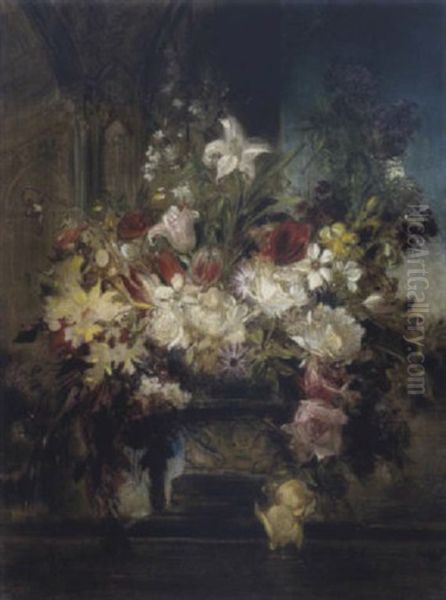 Uppiger Blumenstraus Aus Paonien, Tulpen Und Rosen In Steinvase, Schwer Lesbar In Der Platte Oil Painting by Friedrich Ernst Wolfrom