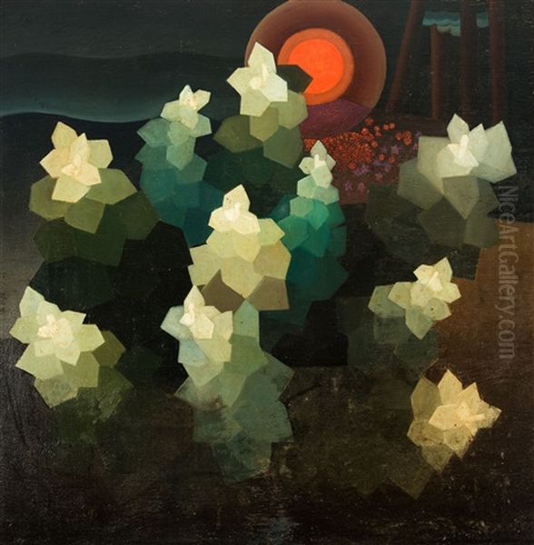 Composition With Trees And Red Sun Oil Painting by Hubert Wolfs