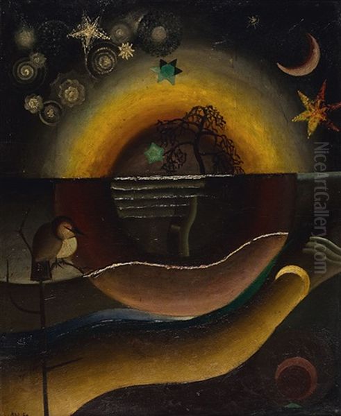 Composition A L'oiseau Et Etoiles Oil Painting by Hubert Wolfs