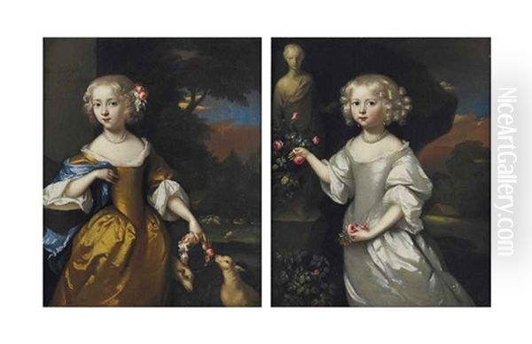 Portrait Of A Girl, Three-quarter-length, In A Oyster Satin Dress, Beside A Statue In A Landscape; And Portrait Of A Girl, Three-quarter-length, In A Gold Dress And Blue Wrap Oil Painting by Aleijda Wolfsen