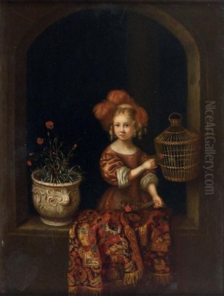 Jeune Fille Et Son Serin Dans L'embrasure D'une Fenetre En Pierre Oil Painting by Aleijda Wolfsen