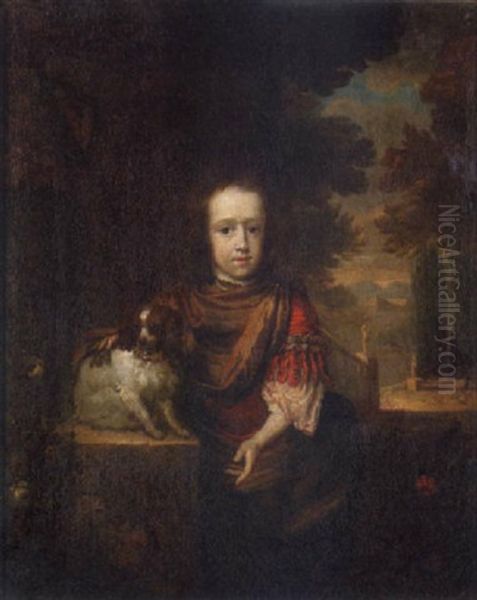 Portrait Of A Young Boy With A Spaniel, An Ornamental Garden Beyond Oil Painting by Aleijda Wolfsen