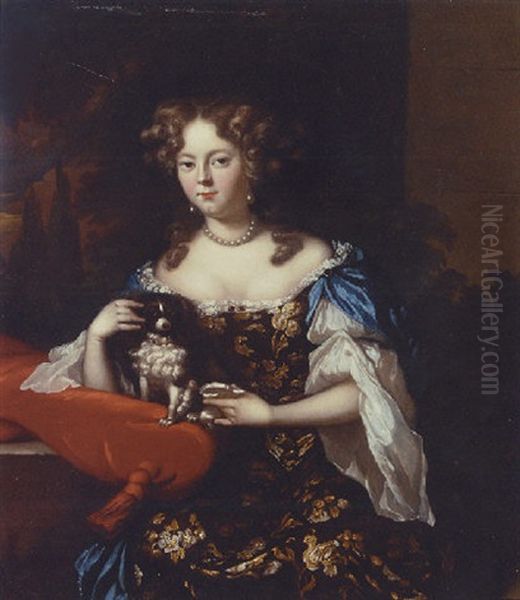 Portrait Of A Lady In A Blue Dress With Embroidered Flowers, Her Arm Resting On A Red Cushion, With A Spaniel Oil Painting by Aleijda Wolfsen