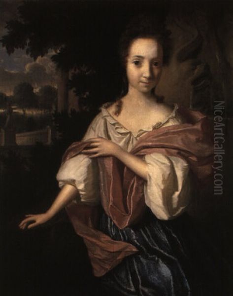 Portrait Of A Lady In A White Chemise By A Fountain In A Garden Oil Painting by Aleijda Wolfsen