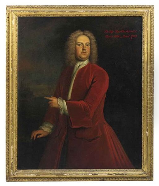 Portrait Of Philip Bartholomew In A Red Coat And White Stock, Standing In A Landscape, Pointing To A Church Beyond Oil Painting by John Wollaston