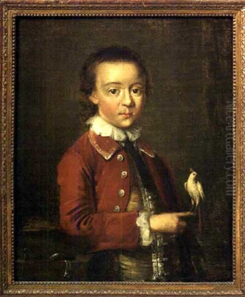 Boy In A Red Waistcoat And Holding A White Cockatoo Oil Painting by John Wollaston