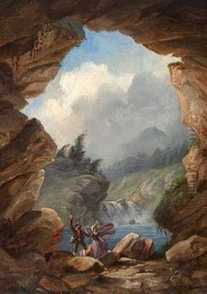 Scene Fra En Tyrolsk Bjerggrotte. Et Ungt Par Forskraekkes Af Et Krybdyr Oil Painting by Friedrich Ernst Wolperding