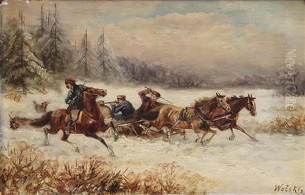 Horse-drawn Sleigh With Men Fighting (+ Another, Similar; Pair) Oil Painting by Stanislaw Polian Wolski