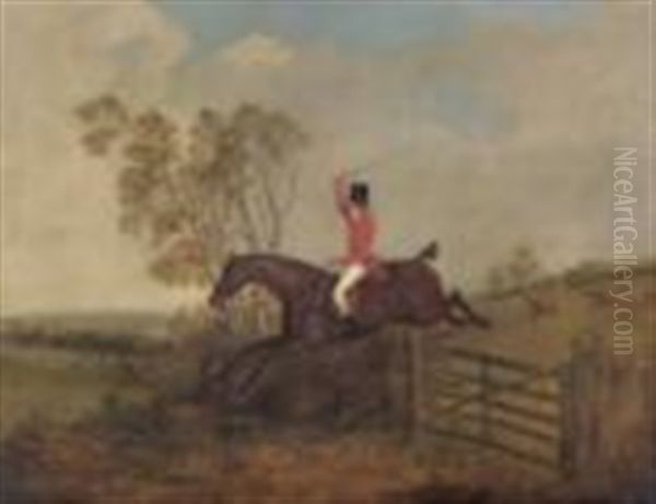 Huntsman On Horseback Jumping A Gate, Other Riders In The Distance Oil Painting by Dean Wolstenholme the Younger