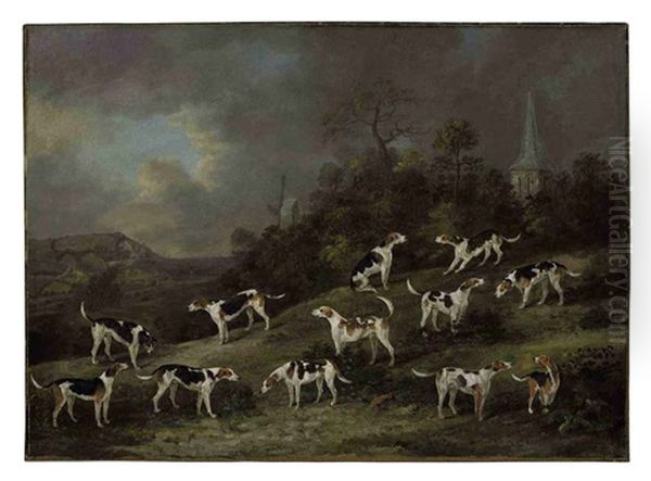 Hounds Of Colonel Hylton Joliffe Of Merstham House, Surrey With Merstham Church And Mill Beyond Oil Painting by Dean Wolstenholme the Younger