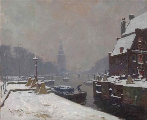 The Oude Schans With The Montelbaanstoren In Winter, Amsterdam Oil Painting by Hendrik Jan Wolter