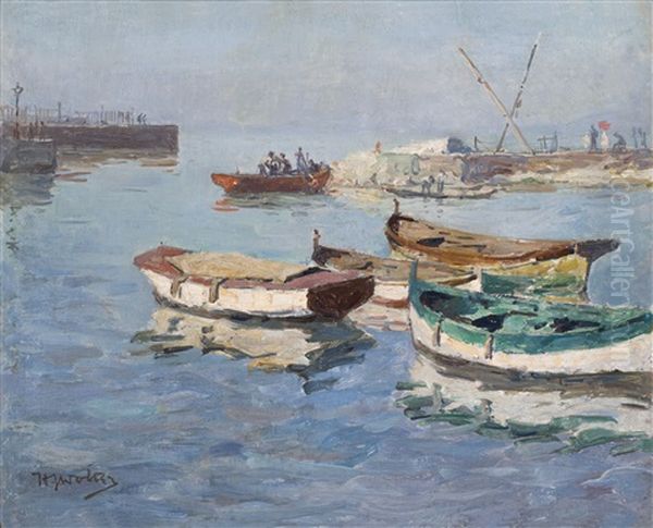 View Of A Harbor With Fishing Boats Oil Painting by Hendrik Jan Wolter