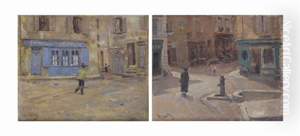 Figures In The Streets Of Espalion; And A Stroll Through Espalion (pair) Oil Painting by Hendrik Jan Wolter