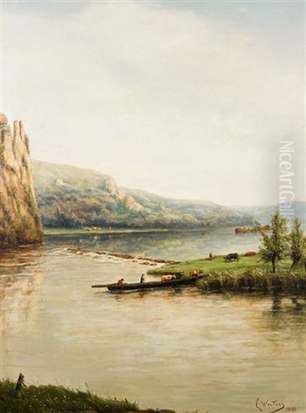 Le Betail Traversant La Riviere Sur Le Bac Oil Painting by Eugene Jacques Hubert Wolters